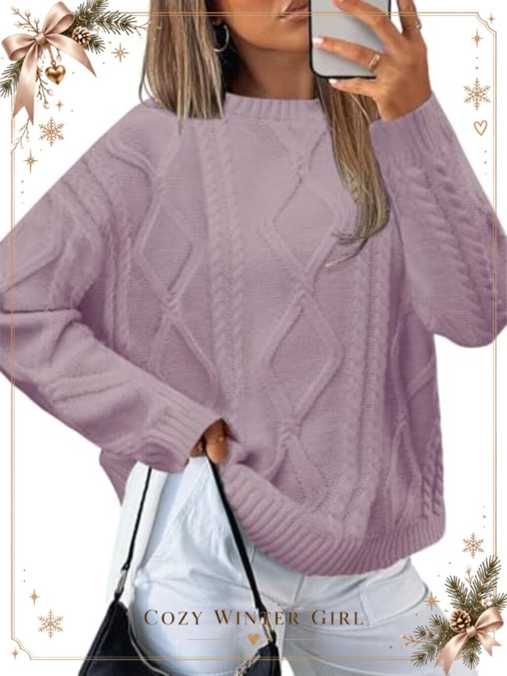 Cable Knit Crew Neck Pullover Sweater Long Sleeve Loose Fit Chunky Knit